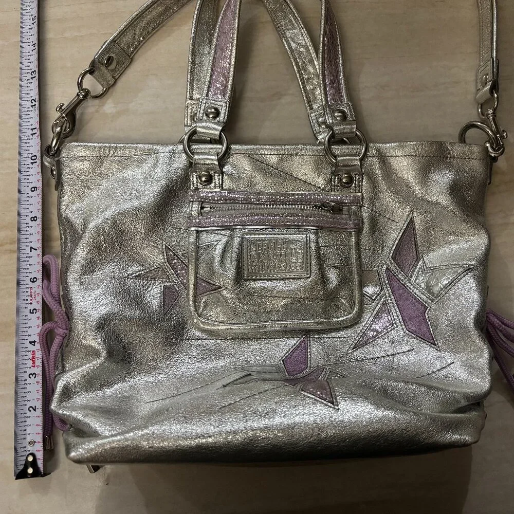 Coach Poppy Metallic Silver Leather Star Appliqué Tote Bag Purple Y2K - Picture 7 of 10